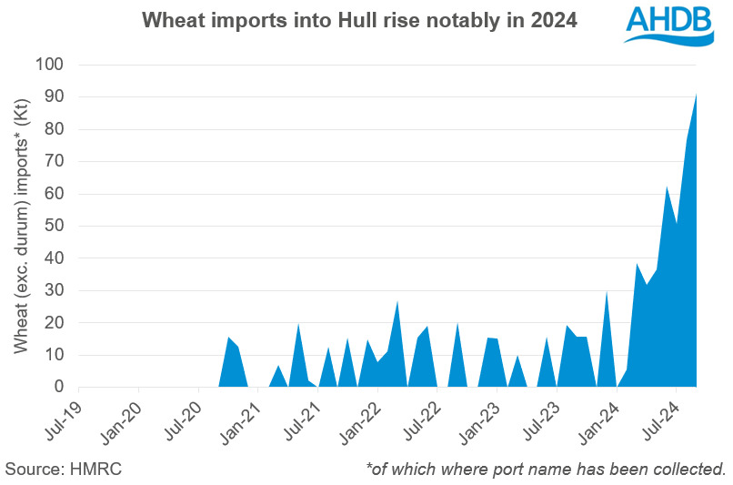 Chart showing wheat imports into Hull rise notably in 2024.